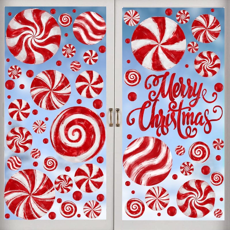 DULEFUN 8 Sheets Christmas Window Clings, Candy Window‘s Decals Oil Painting Christmas Red Candy Stickers for Xmas Home Office School Decor Winter Glass Window Decoration - Image 1